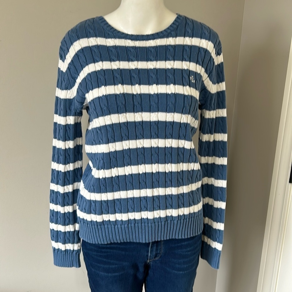 Lauren Ralph Lauren Cable Knit Crewneck Sweater Blue White Stripe Logo Sz M
